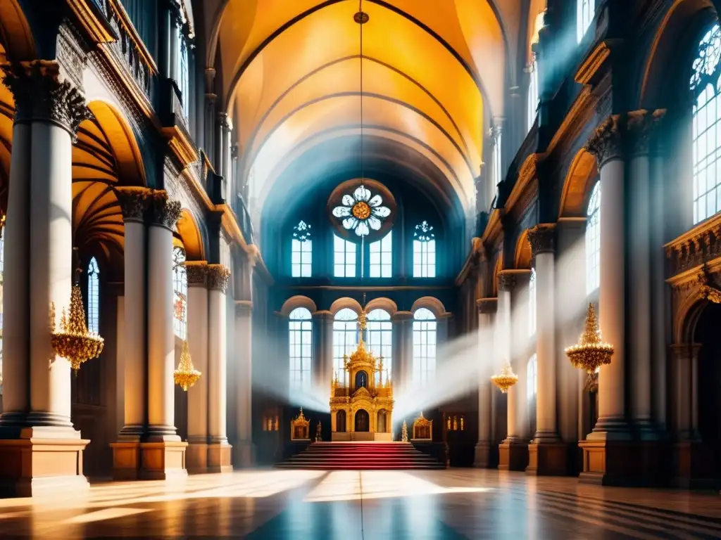 Una majestuosa catedral barroca iluminada con juego de luces y sombras