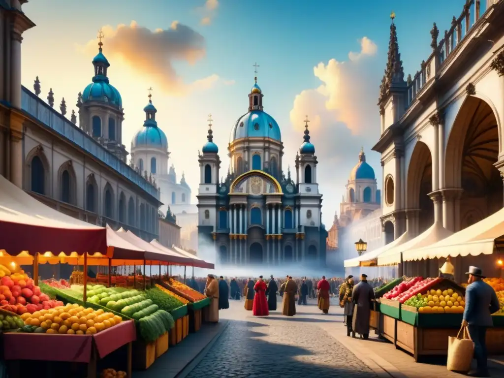 Una majestuosa catedral barroca contrasta con la vida bulliciosa del Renacimiento en un mercado lleno de color y música