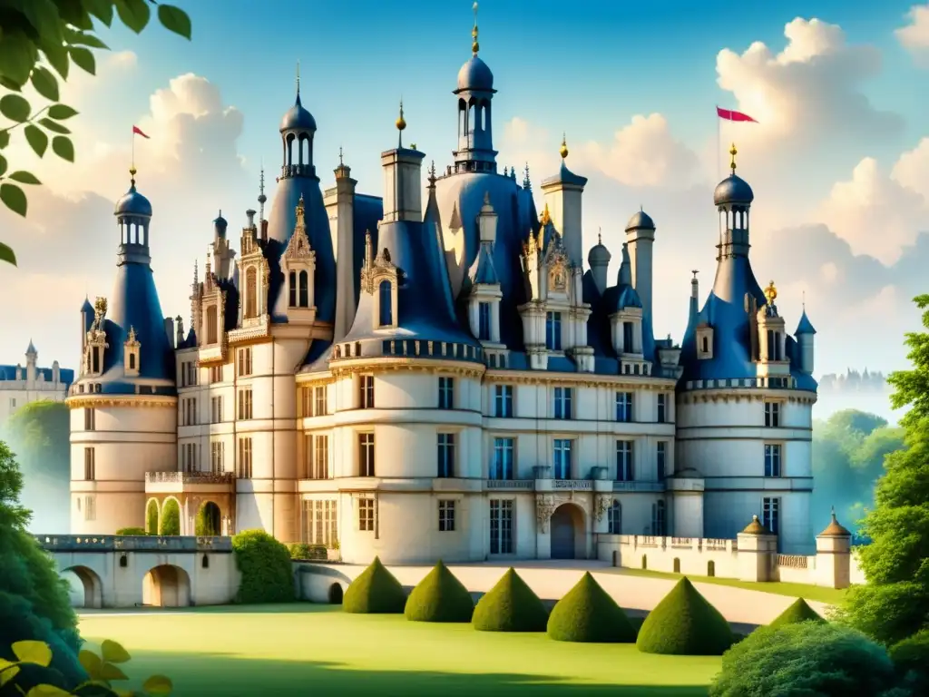 Una majestuosa ilustración detallada en acuarela del Château de Chambord en Francia, destacando su arquitectura renacentista francesa con elaboradas torres, agujas y detalles decorativos