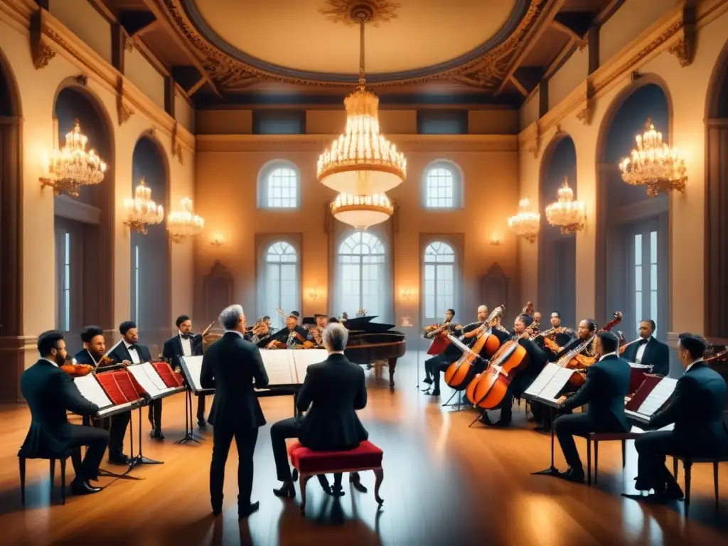 Una majestuosa ilustración detallada en acuarela de una gran sala de conciertos barroca llena de músicos ricamente adornados tocando instrumentos ornamentados, bañados en la cálida luz de las velas, capturando la esencia de la importancia del ritmo y la melodía en