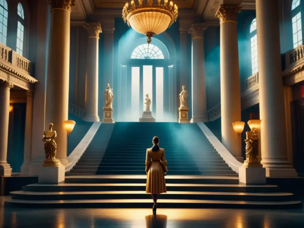 Una majestuosa escena neoclásica de cine recreado, con columnas de mármol, estatuas y una escalinata, bañada en luz dorada