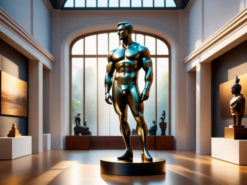 Una majestuosa escultura de bronce en una galería de arte vibrante, con detalles intrincados y juego de luces y sombras