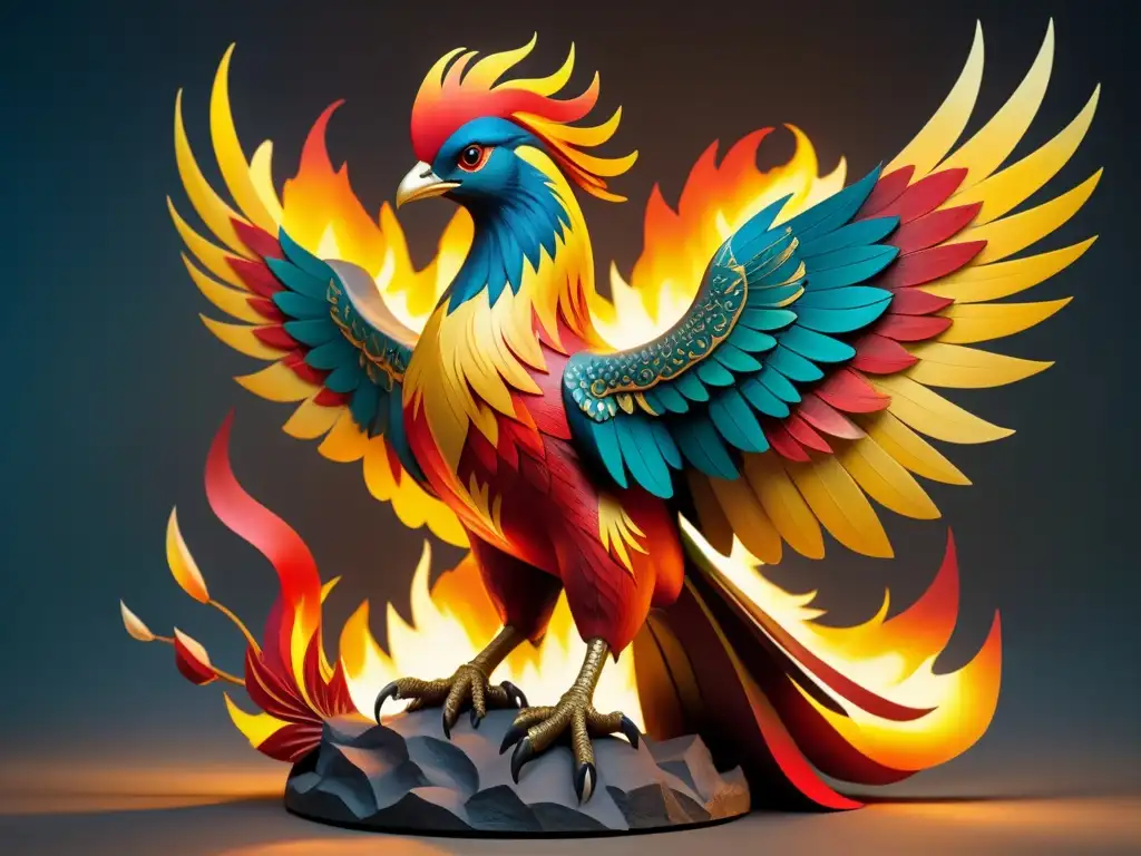 Una majestuosa escultura de fénix en papel maché reciclado, resplandeciendo en tonos vibrantes de fuego y mostrando poder y gracia