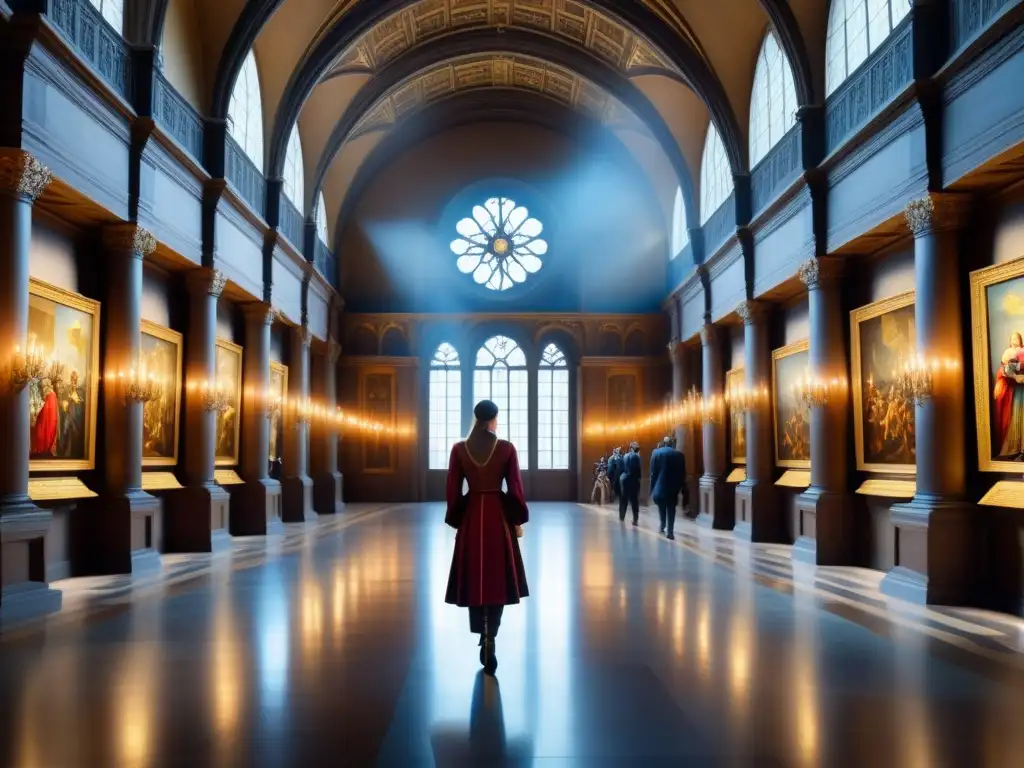 Una majestuosa exposición de arte renacentista con visitantes maravillados por las obras maestras en una sala llena de elegancia y sofisticación