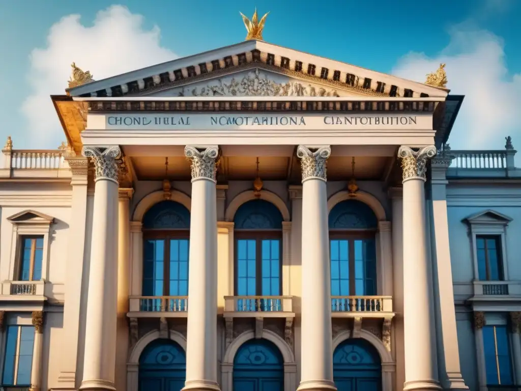 Majestuosa fachada neoclásica con intrincados detalles arquitectónicos y pilares, bajo cielo azul