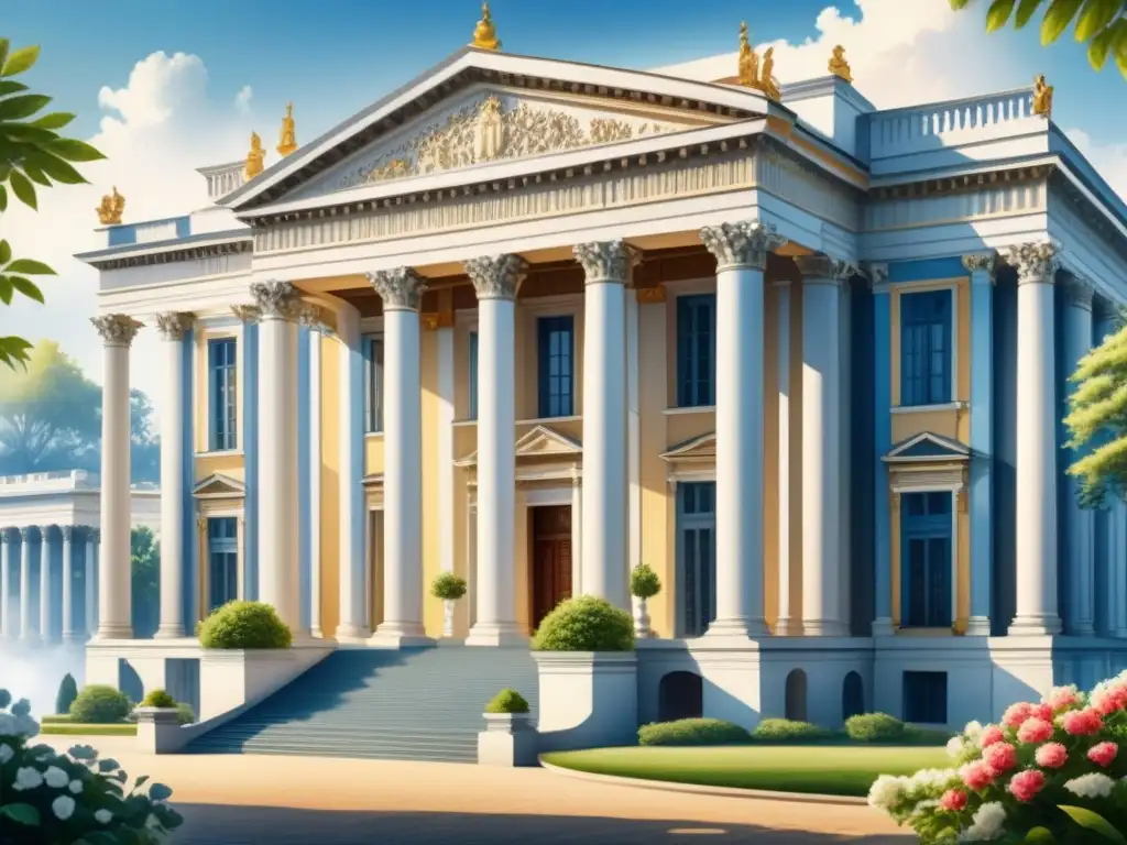 Acuarela neoclásica: majestuosidad y armonía en detalle Una majestuosa obra de arte en acuarela que retrata un edificio neoclásico con columnas blancas, decoraciones detalladas y armonía