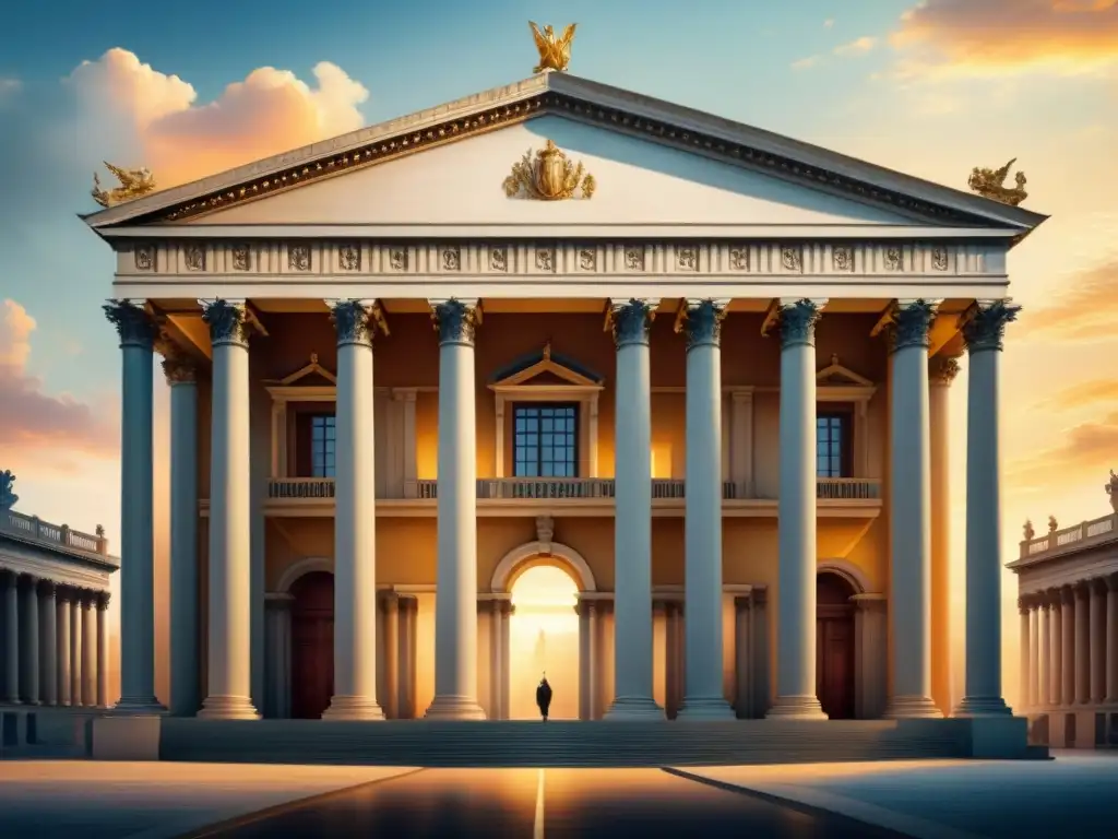 Una majestuosa obra neoclásica, destacada por su diseño simétrico, columnas imponentes y esculturas detalladas