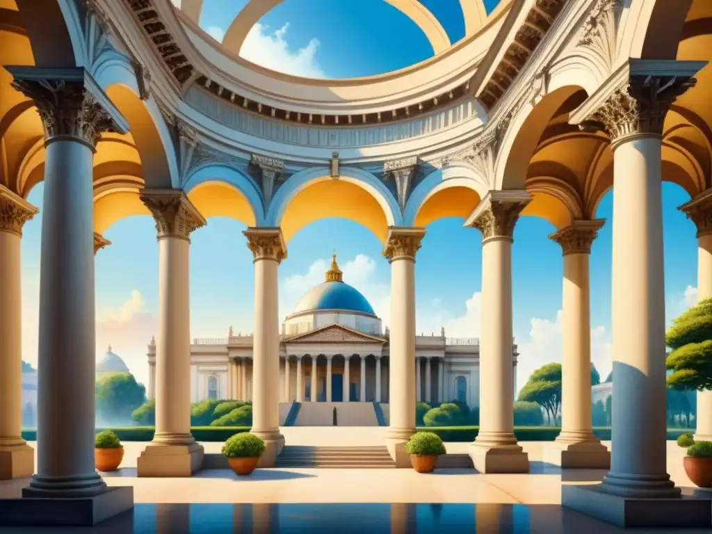 Una majestuosa obra de neoclasicismo en acuarela, resaltando la elegancia y simetría del arte arquitectónico