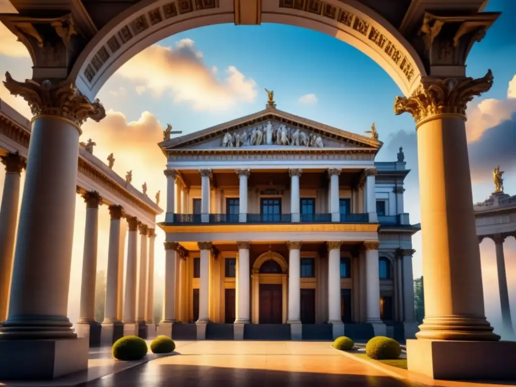 Una majestuosa pintura en acuarela de un edificio neoclásico con columnas detalladas y estatuas, resaltado por una dramática luz solar