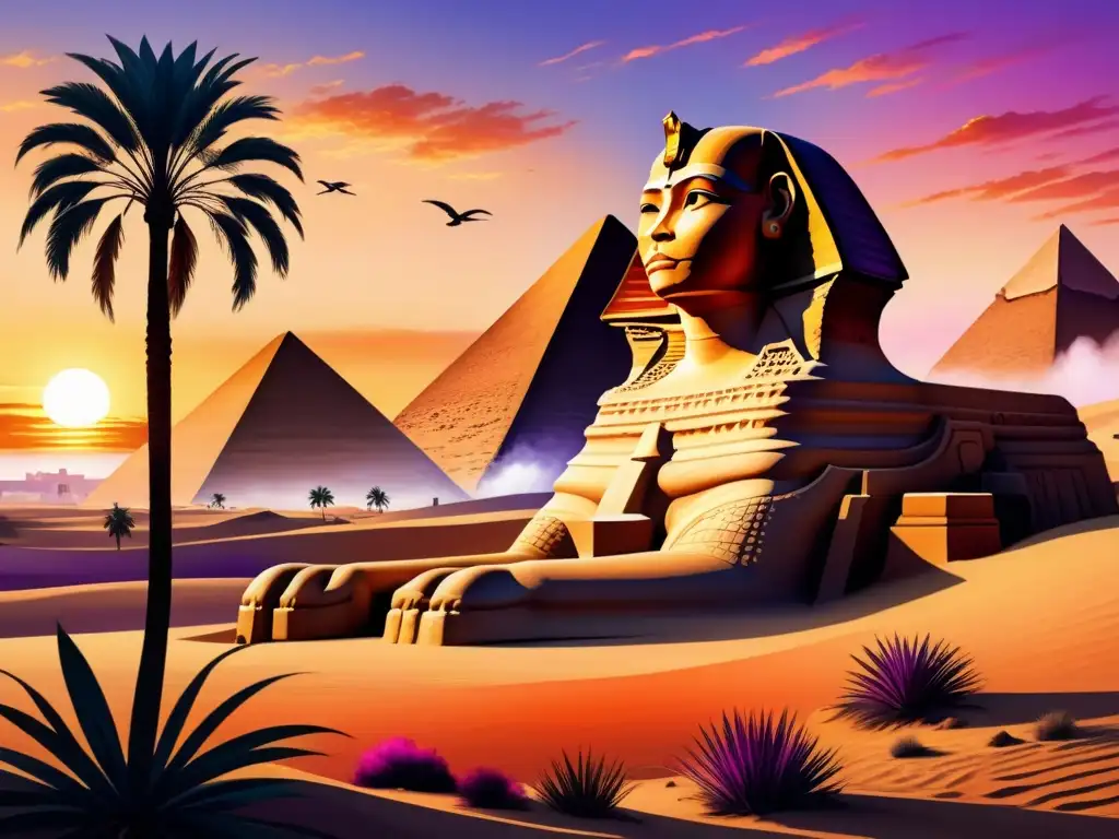 Una majestuosa pintura acuarela del Esfinge de Giza al atardecer, con tonos vibrantes de naranja, rosa y morado en el cielo