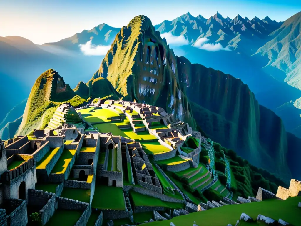 Una majestuosa pintura al agua de Machu Picchu en la mañana, rodeada de la exuberante naturaleza de los Andes