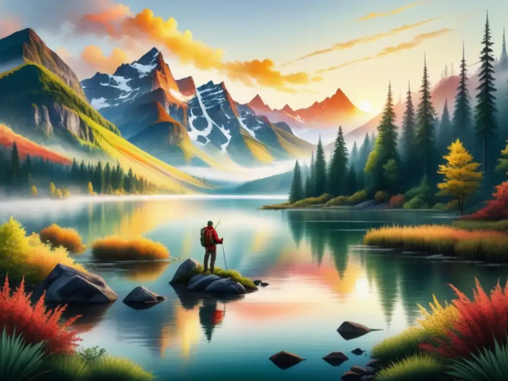 Pintura acuarela detallada: amanecer majestuoso en la naturaleza Una majestuosa pintura acuarela detallada de un amanecer sobre un lago rodeado de naturaleza exuberante