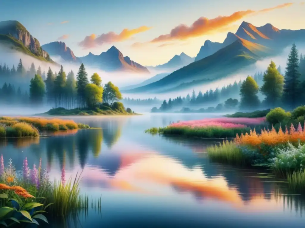 Una majestuosa pintura al óleo que representa un paisaje sereno al atardecer, con un cielo naranja y rosa reflejado en un lago tranquilo