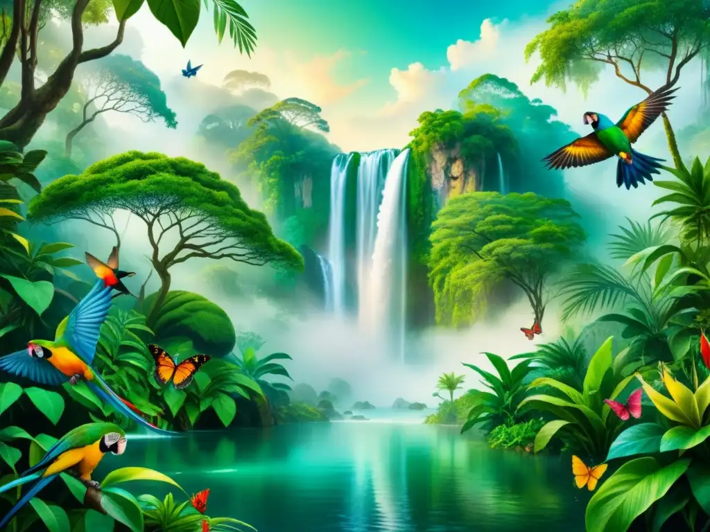 Una majestuosa pintura en técnicas mixtas de una exuberante jungla, con una cascada cristalina y vida salvaje colorida