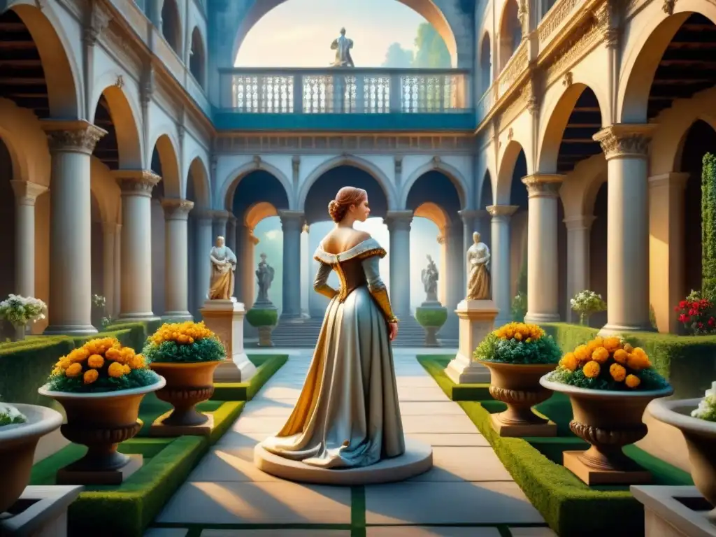 Courtyard renacentista: esculturas de mármol detalladas al atardecer Una majestuosa innovación escultórica del Renacimiento fuera de Italia, con detalladas figuras de mármol en un patio iluminado por el atardecer