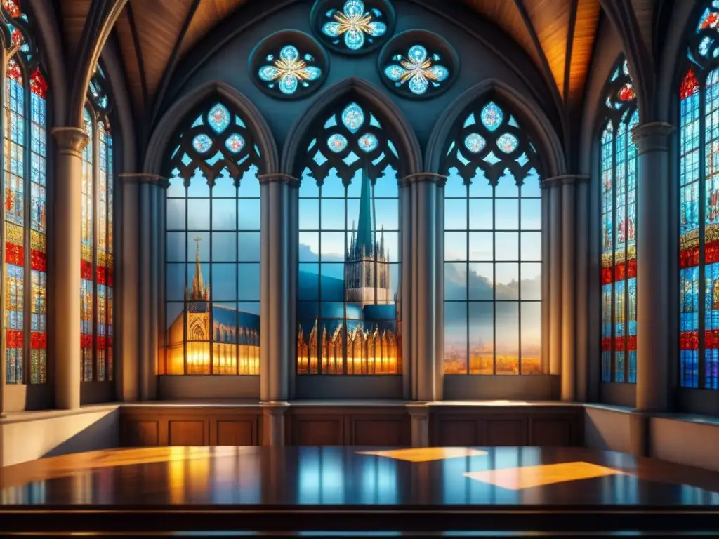 Una majestuosa ventana de vidrio vitral en una catedral histórica, en detallada acuarela con patrones e colores vibrantes iluminados por la luz solar