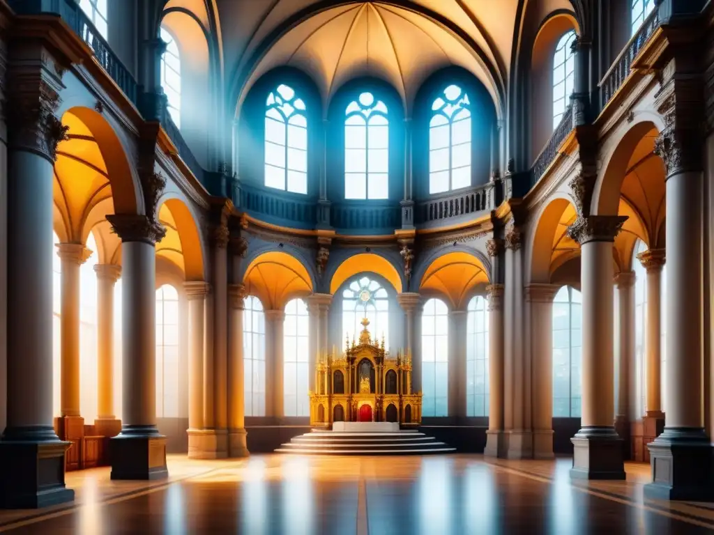 La majestuosidad del arte barroco en una detallada pintura de una catedral, resaltando la complejidad y riqueza del estilo