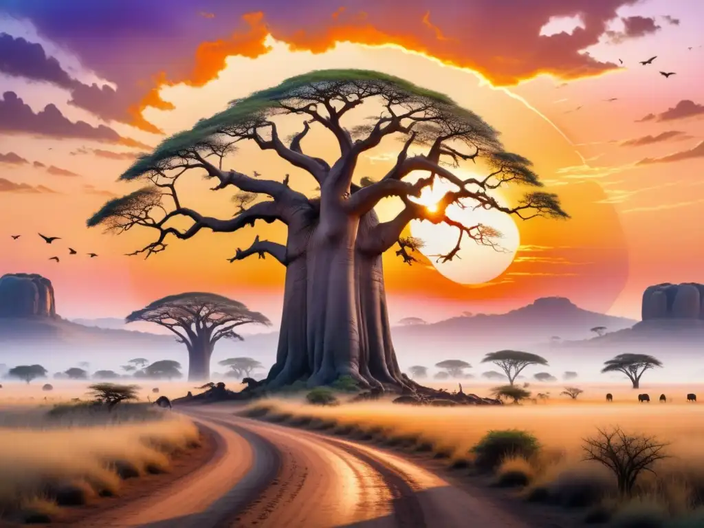 Un majestuoso baobab se alza sobre la sabana africana al atardecer, influencia leyendas africanas literatura moderna