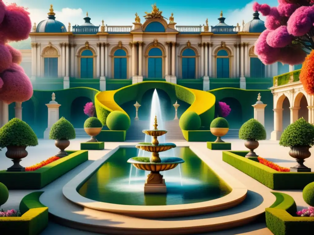 Jardín barroco majestuoso y detallado Un majestuoso jardín barroco lleno de topiarios, fuentes ornamentales y estatuas simbolizando virtudes y figuras mitológicas