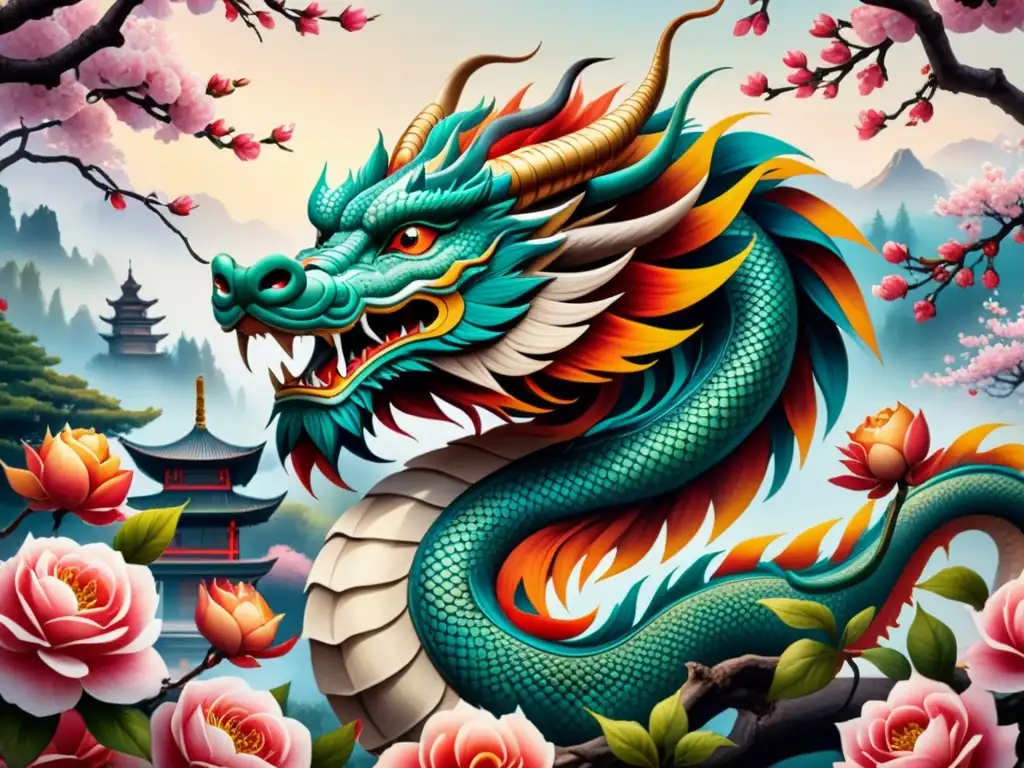 Un majestuoso dragón chino entre rosas europeas en un jardín de cerezos japonés, fusionando arte oriental y occidental en una pintura vibrante