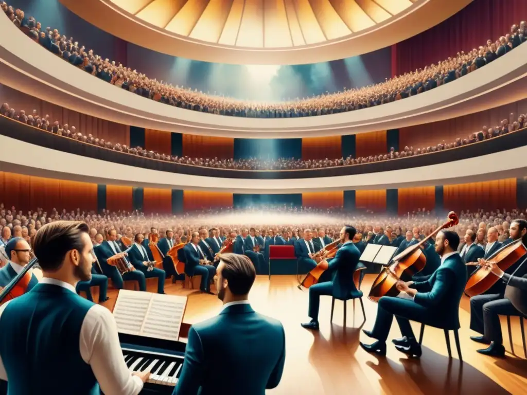 Un majestuoso concierto en un moderno edificio, audiencia refleja asombro y emoción al escuchar ritmos musicales del Modernismo artístico