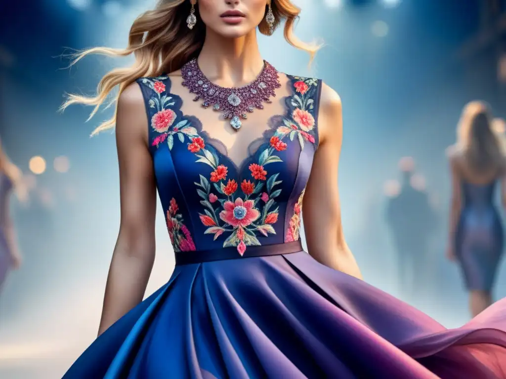 Un majestuoso diseño de moda textil en acuarela, con intrincados patrones florales en tonos vibrantes