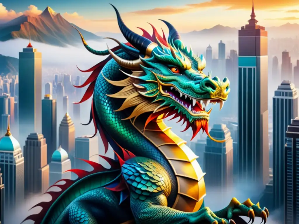 Un majestuoso dragón asiático se entrelaza con la ciudad en una pintura acuarela, fusionando arte tradicional y urbano