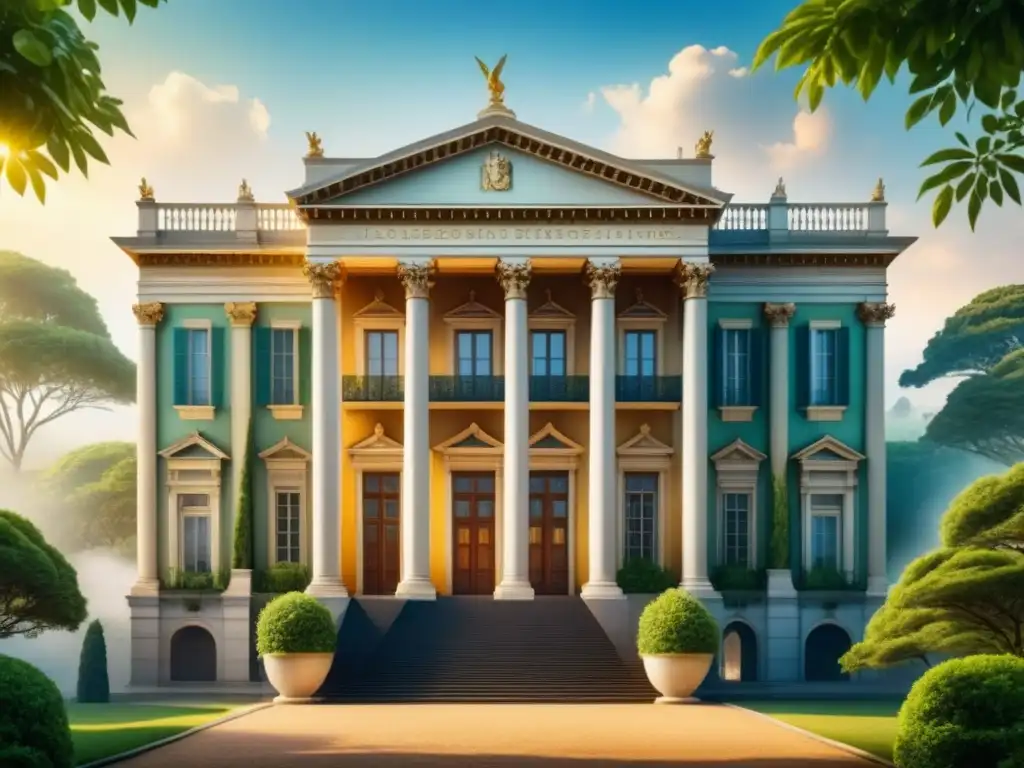 Acuarela detallada de edificio neoclásico con columnas y esculturas Majestuoso edificio neoclásico con columnas, esculturas detalladas y exuberante vegetación bajo la luz del sol