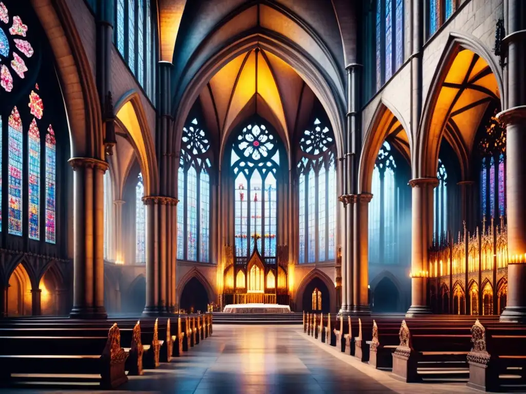 Majestuoso interior gótico con vitrales coloridos y sombras misteriosas