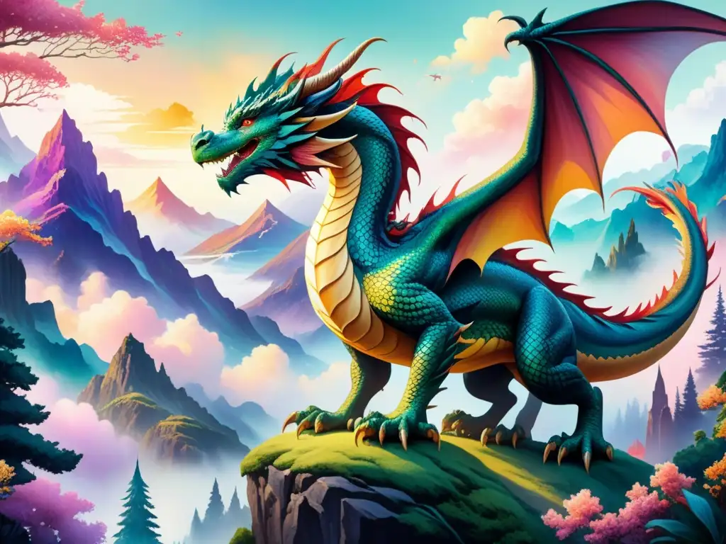 Un majestuoso dragón surca un paisaje de fantasía, fusionando arte digital y tradicional