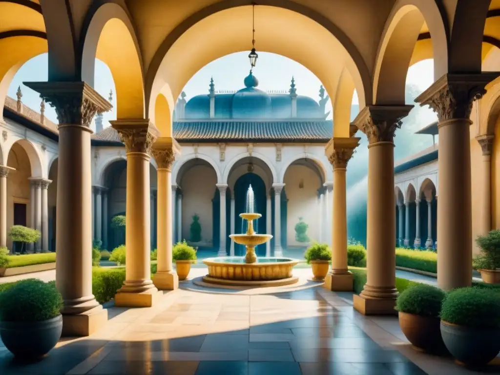 Un majestuoso patio renacentista con columnas de mármol, vegetación exuberante y una fuente serena