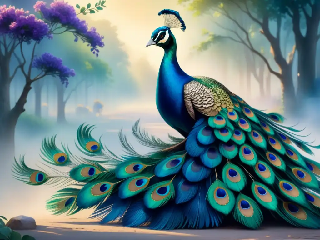 Un majestuoso pavo real desplegando sus plumas en azules, verdes y morados