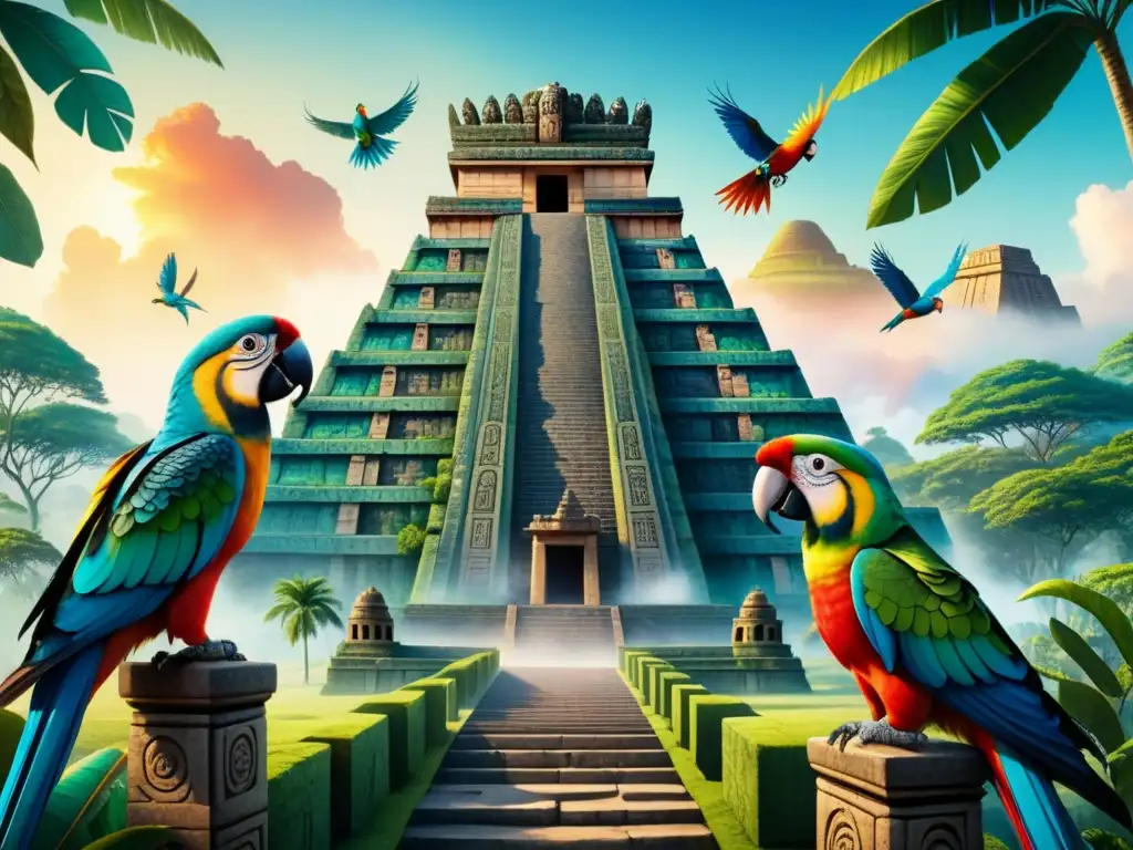 Majestuoso templo maya rodeado de naturaleza exuberante y aves coloridas