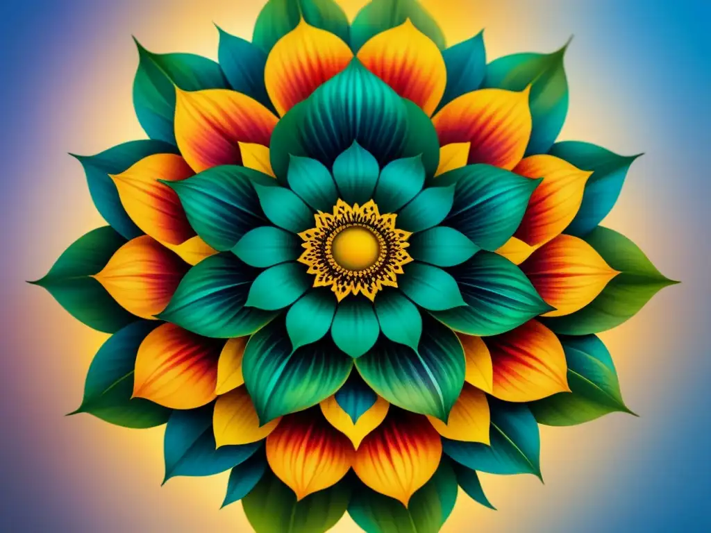 Una mandala acuarela detallada con colores vibrantes y patrones intrincados, simbolizando armonía y enfoque