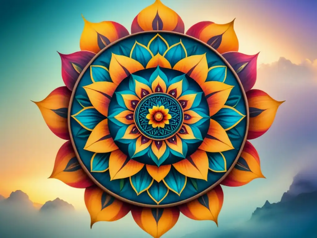 Una mandala hipnotizante en acuarela con patrones de sagrada geometría en arte, colores vibrantes y detalles intrincados