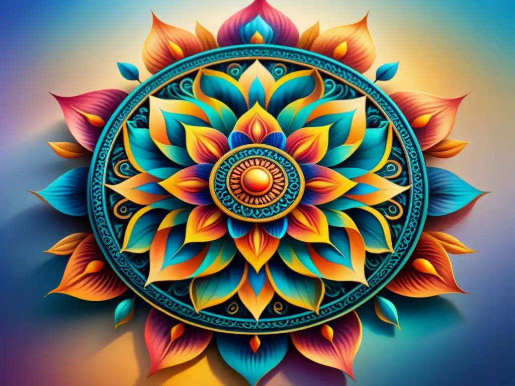 Un mandala vibrante y detallado que fusiona elementos culturales con técnicas de arte visual, creando una experiencia visual cautivadora