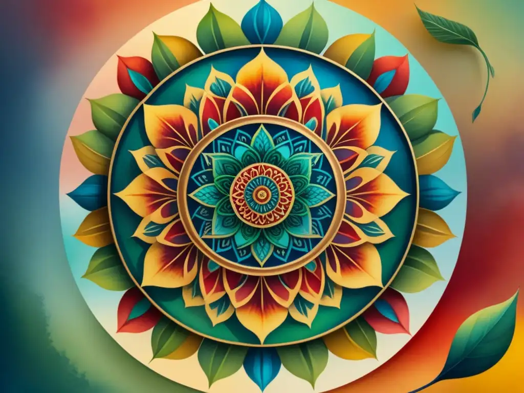 Un mandala vibrante y detallado, fusionando técnicas artísticas de diversas culturas en una obra hipnótica de colores y patrones