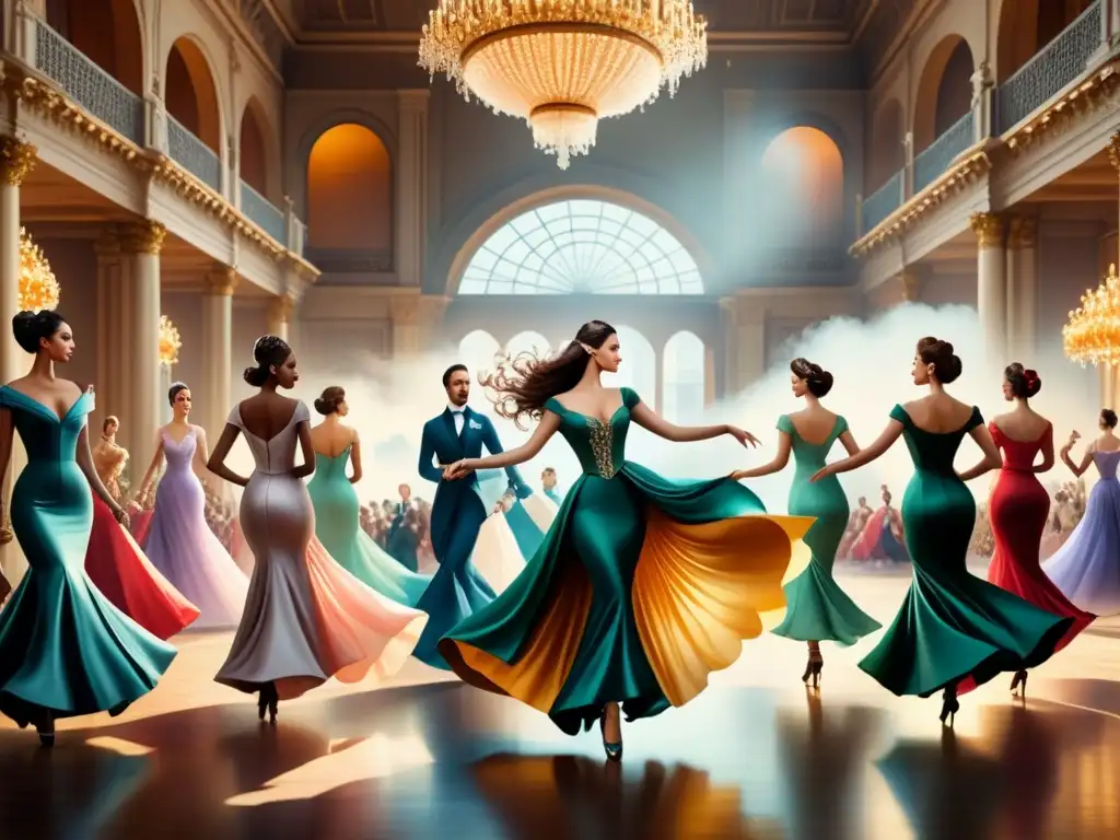 Reinterpretando el Manierismo en arte: Baile elegante de figuras estilizadas en un salón opulento y etéreo