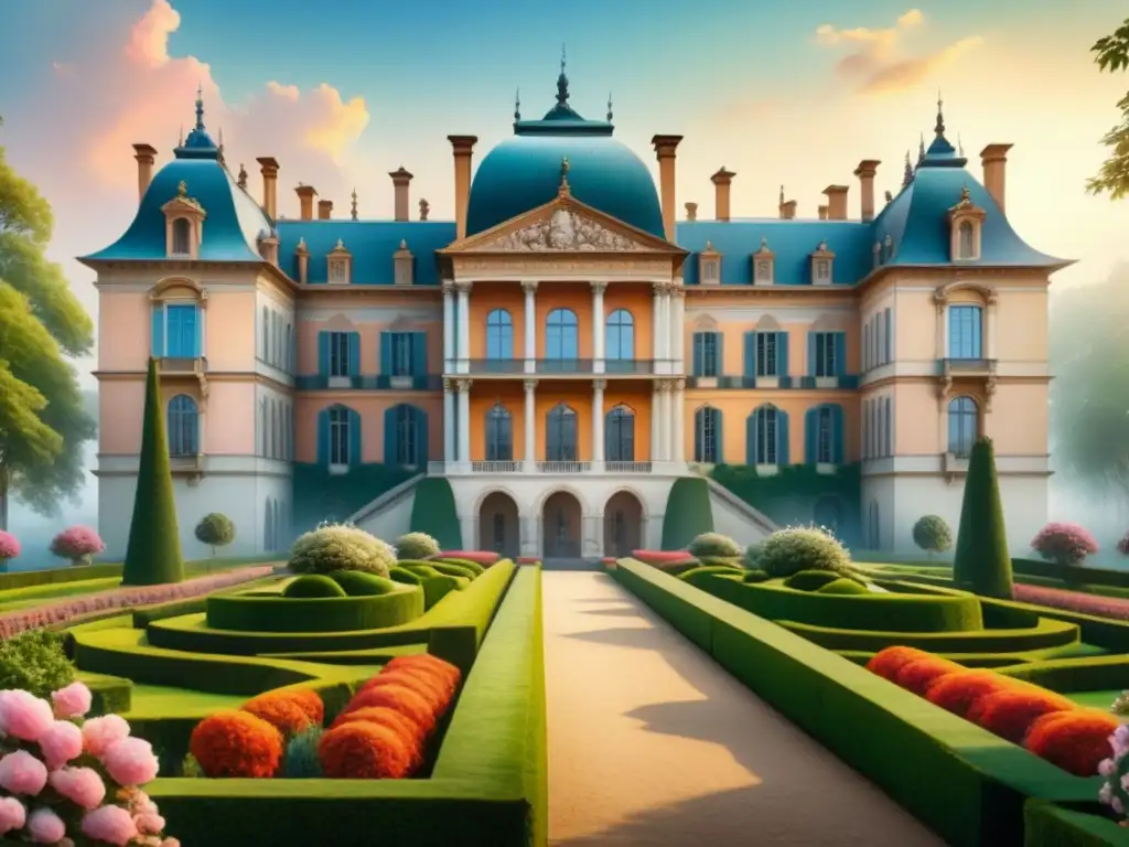 Pintura detallada de palacio europeo en estilo Mannerista Expansión del Manierismo por Europa: Majestuoso palacio europeo rodeado de exuberantes jardines y nobles elegantes en profunda conversación