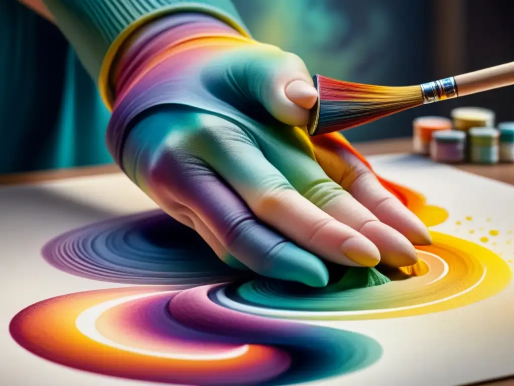 Una mano de artista mezcla acuarelas vibrantes en papel texturizado, creando una obra abstracta