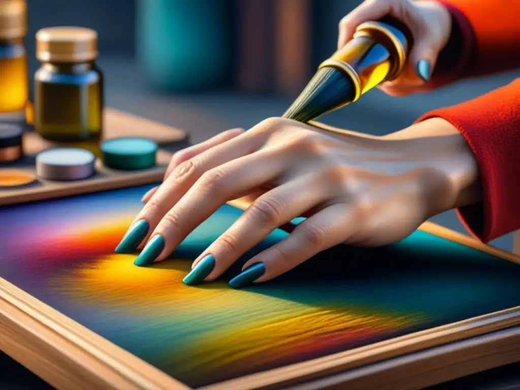 Mano de artista aplicando capas de pintura al óleo en lienzo, mostrando técnicas avanzadas y texturas vibrantes