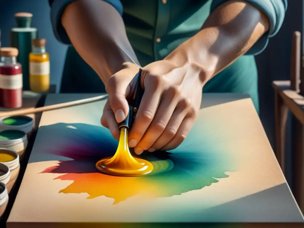 Mano de artista mezclando colores óleo en lienzo, destacando técnicas avanzadas pintura óleo texturas