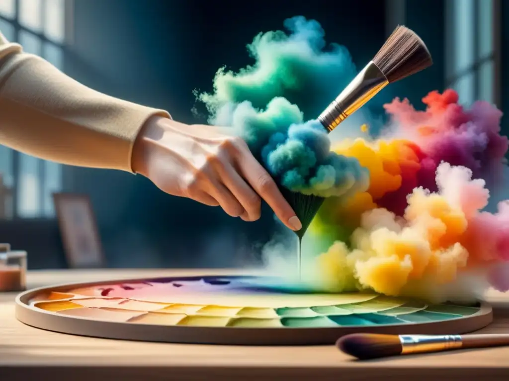 Mano de artista mezclando colores vibrantes en paleta texturizada, mostrando conexión emocional con materiales en danza de colores y pasión artística