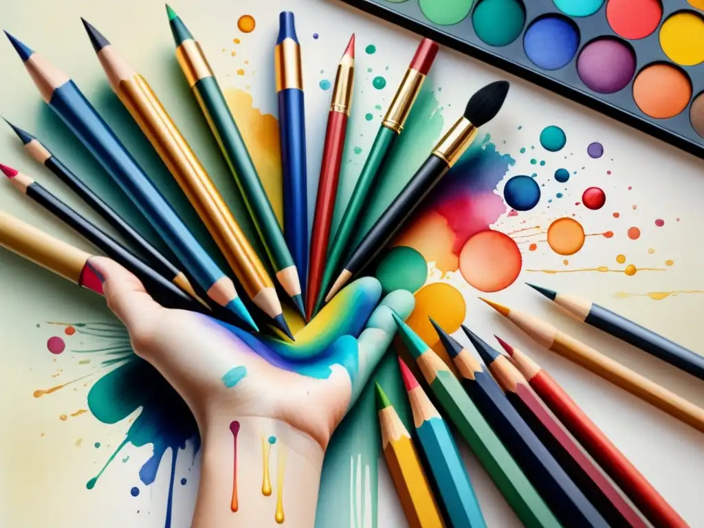 Una mano de artista sostiene con delicadeza herramientas de arte visual: lápices, pinceles y más, en medio de vibrantes acuarelas