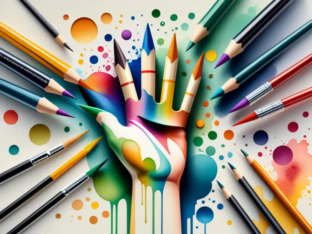 Mano de artista con herramientas de arte visual creando líneas y formas en lienzo, rodeadas de colores vibrantes
