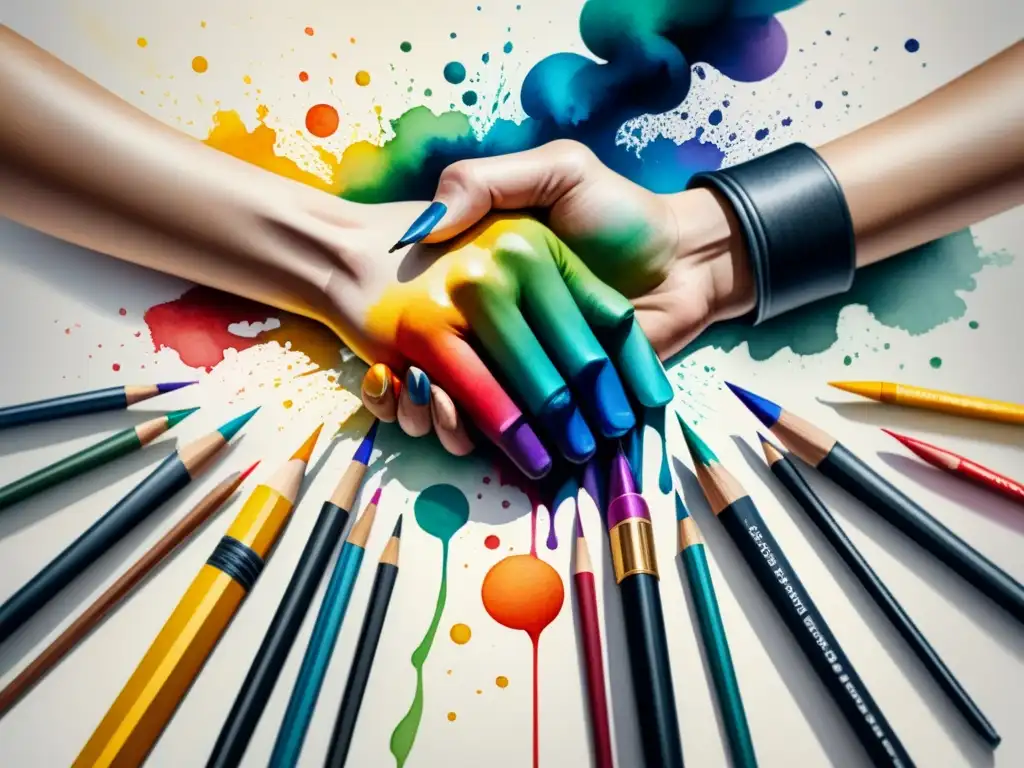 Una mano de artista sostiene herramientas de arte visual, creando un remolino de colores en lienzo en blanco