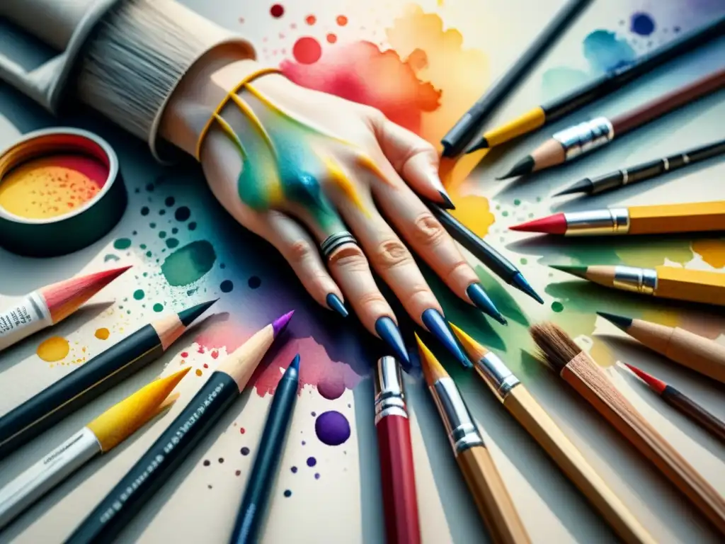 Mano de artista sostiene herramientas de arte rodeada de salpicaduras de acuarela vibrantes