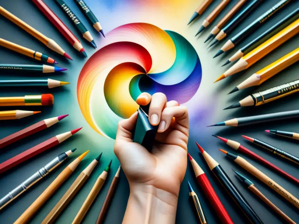 Una mano de artista sostiene herramientas de arte visual con detalle y color