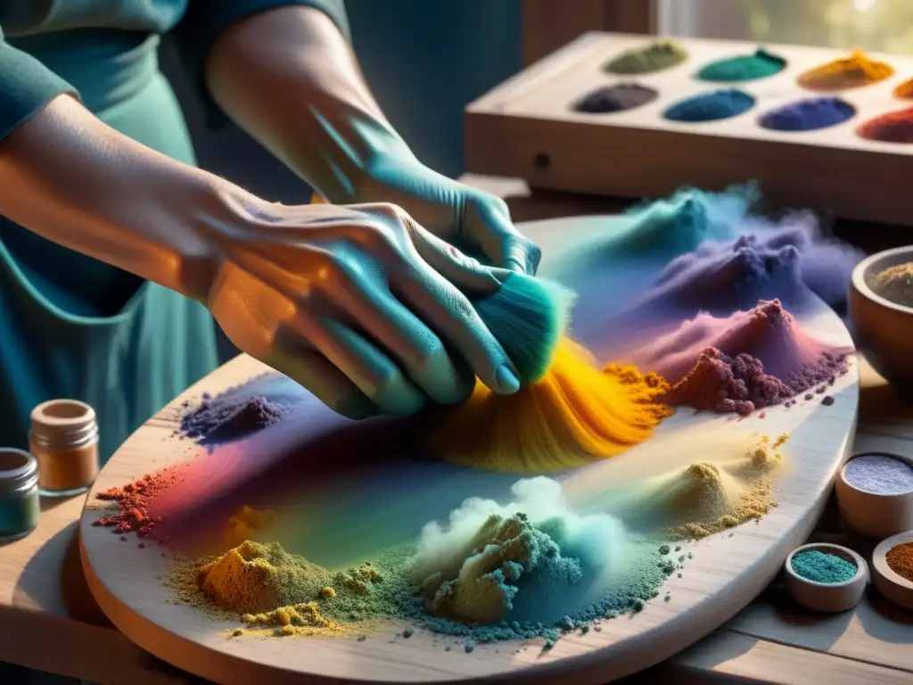 Mano de artista mezclando pigmentos orgánicos caseros para arte en paleta de madera, creando una obra de colores vibrantes