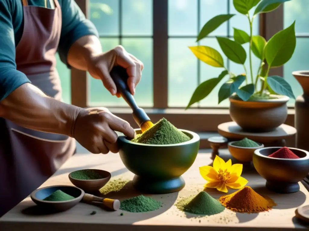 Mano de artista elaborando pigmentos orgánicos caseros para arte con plantas en mortero y mano